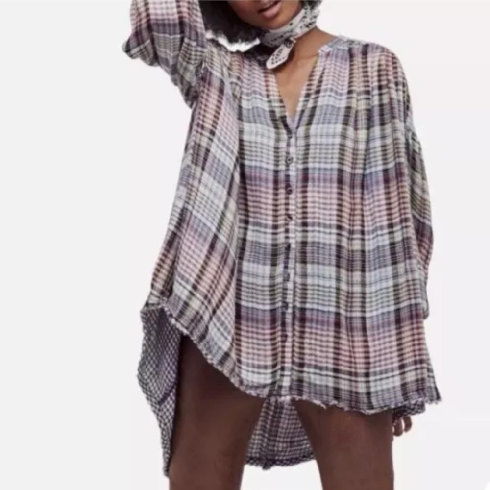 FREE PEOPLE❤️Come On Over, plaid oversized tunic, button down,raw hem,SZ XS,NWOT - Picture 5 of 10